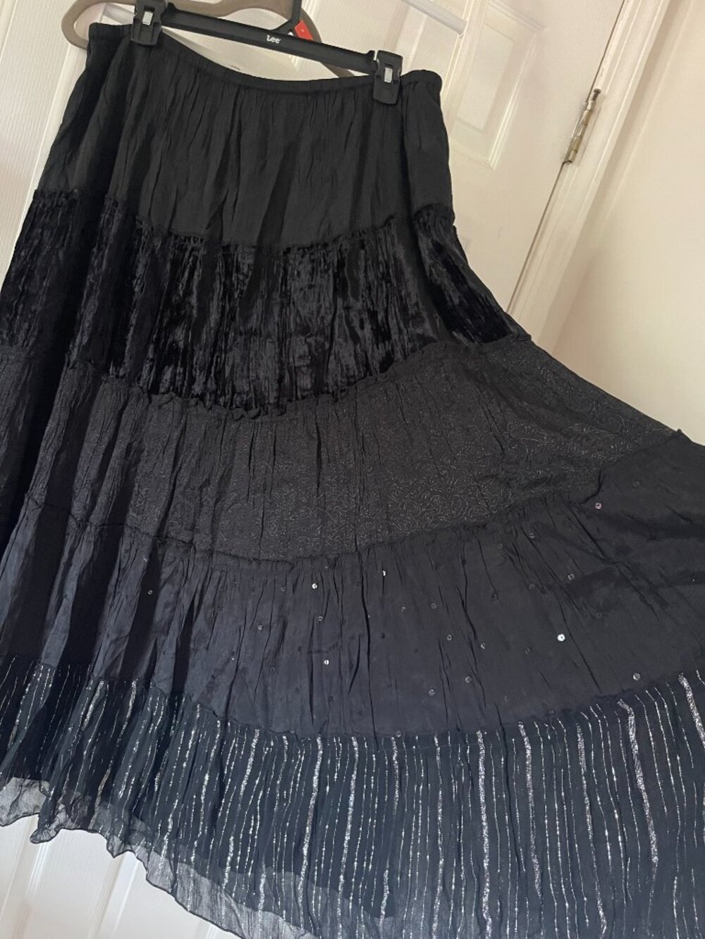 Whimsigoth Black Tiered Velvet Sequin Crinkle Silk-Feel Maxi Skirt Boho Chico's